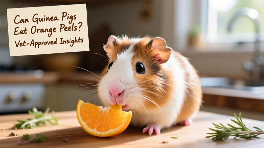 Close-up of a guinea pig gently nibbling a small piece of orange peel