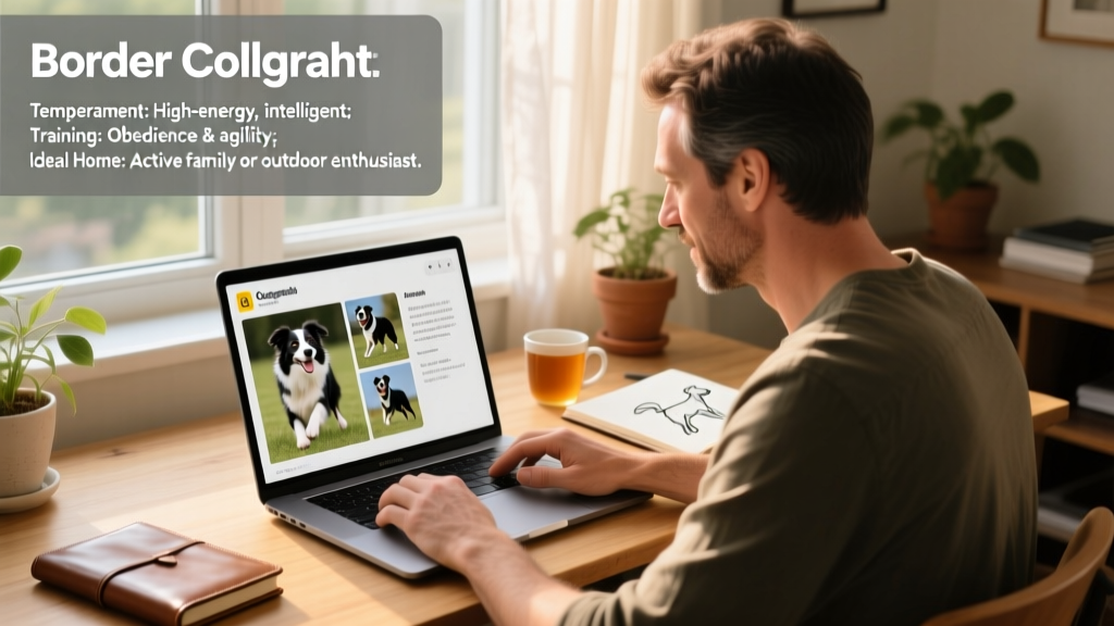 Person reviewing a digital profile of a Border Collie on a laptop, with photos and notes visible on screen