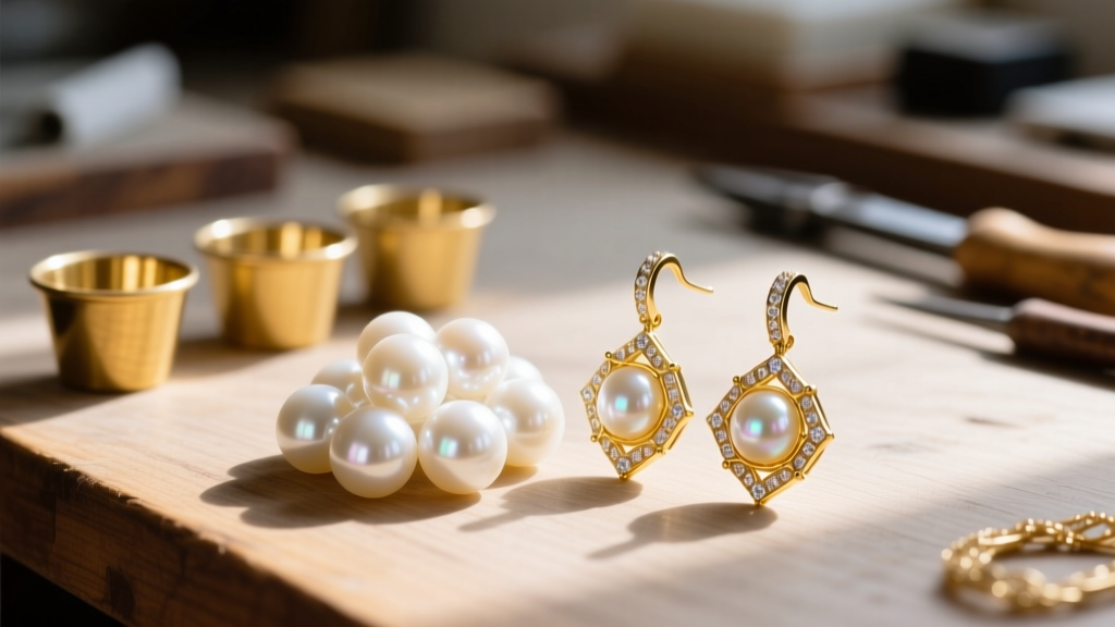 Close-up of a jewelry workbench showing loose white Akoya pearls next to 18-karat yellow gold earring settings with empty cups