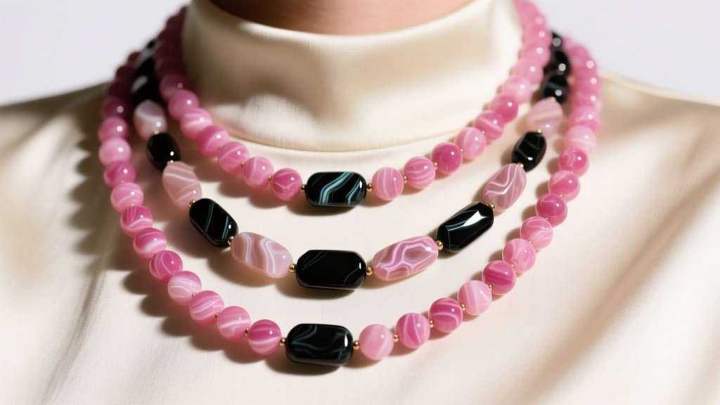 Close-up of layered rhodonite necklaces with 4mm pink beads and black manganese inclusions resting on a cream silk blouse.