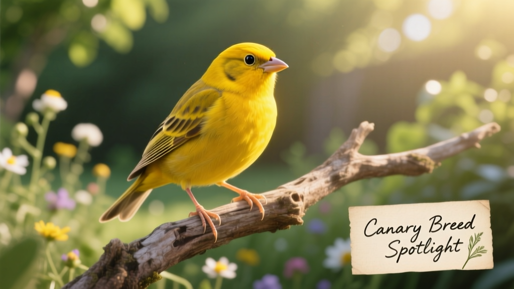 A vibrant yellow canary perched on a natural branch, showcasing bright plumage and alert posture
