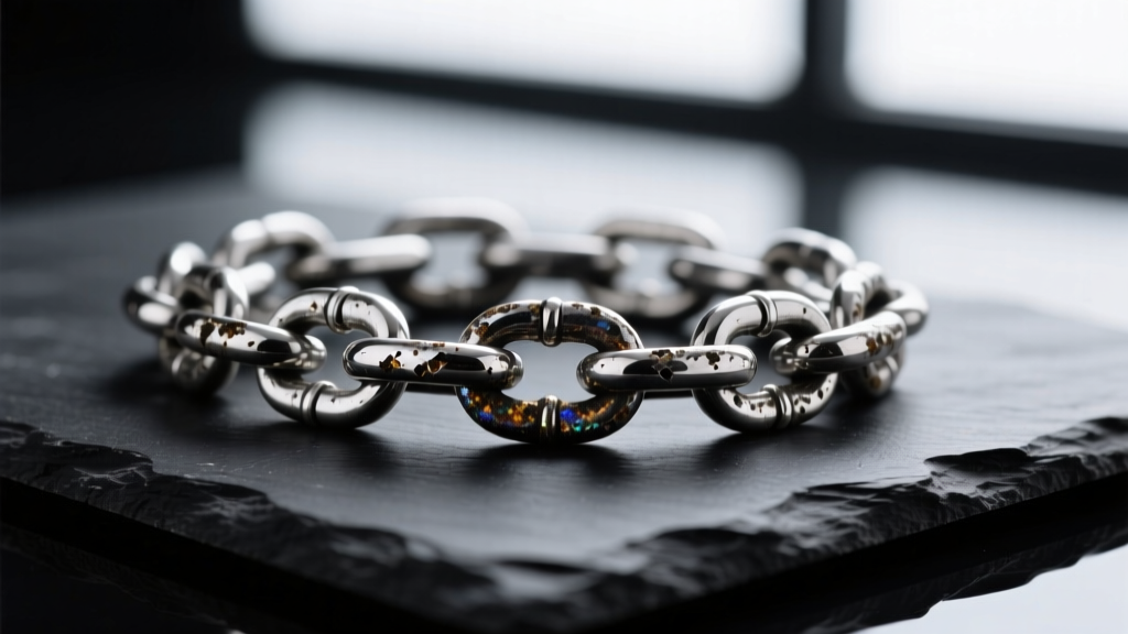 Macro shot of a tarnished 925 sterling silver chain link on black slate, showing dark silver sulfide patina under studio lighting