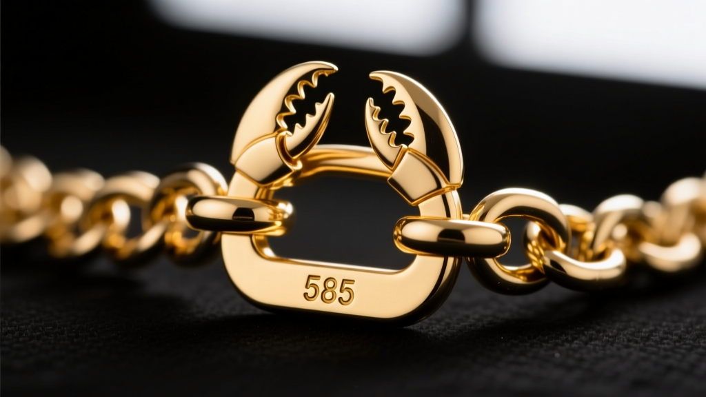 Macro photography of a 14k gold box chain clasp mechanism, highlighting the secure lobster claw closure and stamped 585 hallmark