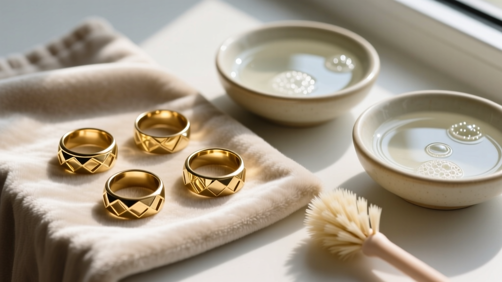 Overhead view of gold-plated zinc alloy rings on a microfiber cloth beside bowls of soapy water and soft cleaning brushes