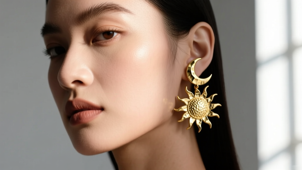 Close-up of a model wearing mismatched 14k gold moon and sun earrings, soft studio lighting highlighting textured metal details.