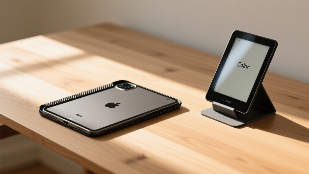Minimalist wooden desk featuring an iPad Pro M4 in an ultra-thin aramid fiber case and a Kindle Colorsoft with a magnetic origami stand, bathed in warm morning sunlight