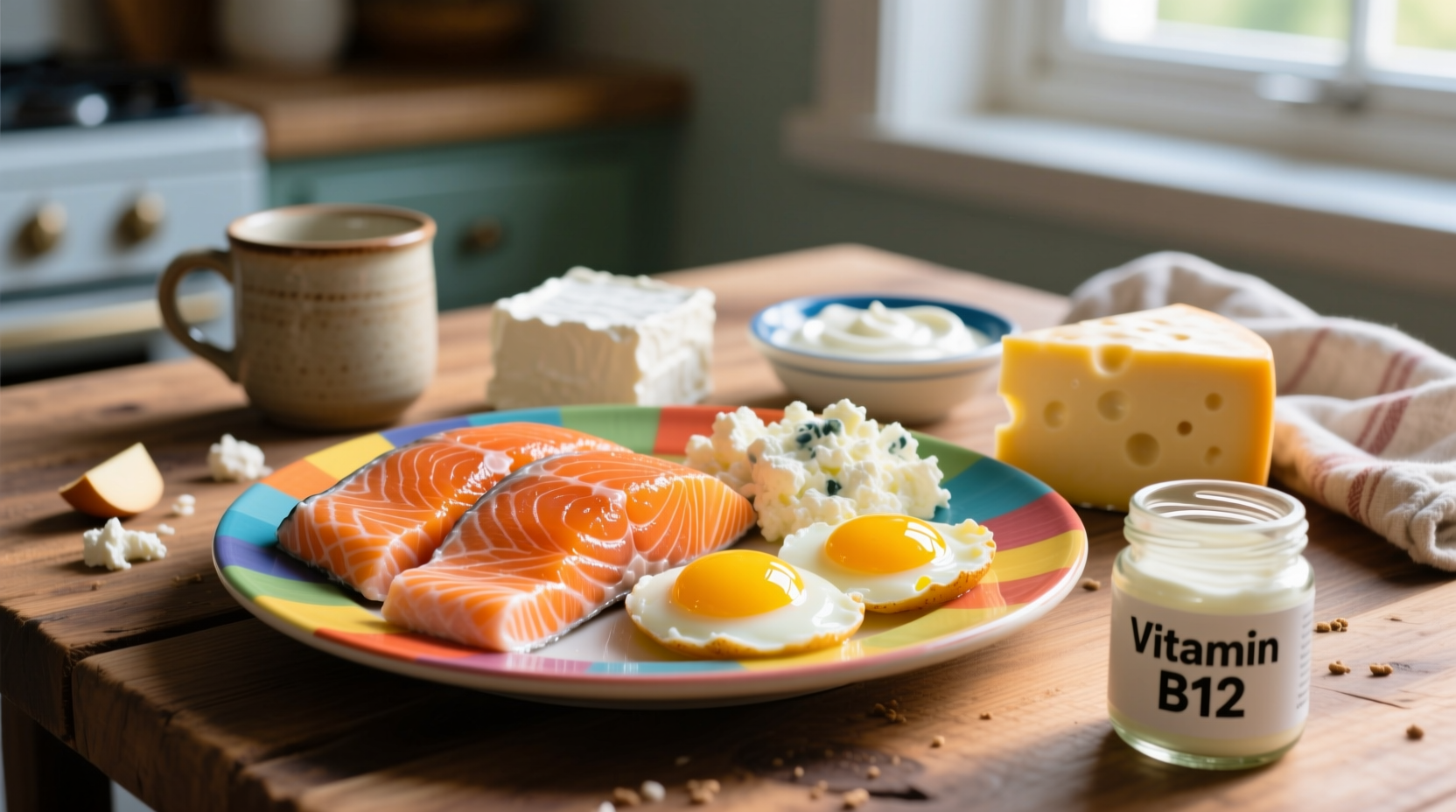 Colorful plate of salmon, eggs, and dairy products rich in vitamin B12