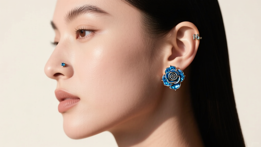 Side profile of a model wearing blue topaz carved rose stud earrings in a 16-gauge flat piercing, illuminated by soft light.