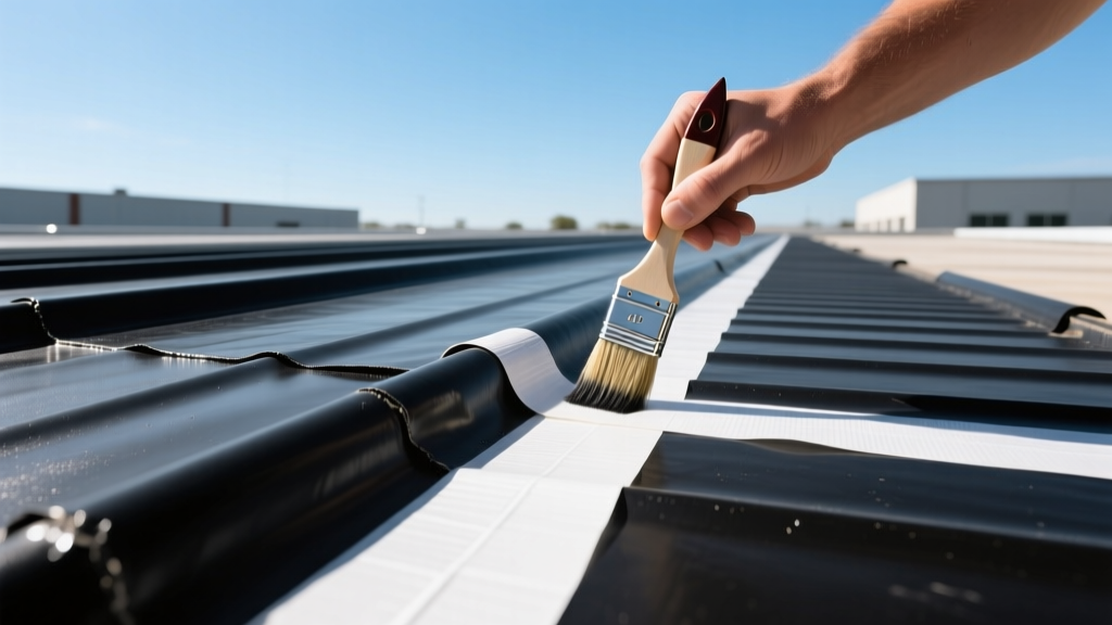 Close-up of black EPDM rubber roofing membrane seams being primed and taped on a flat commercial roof under clear skies