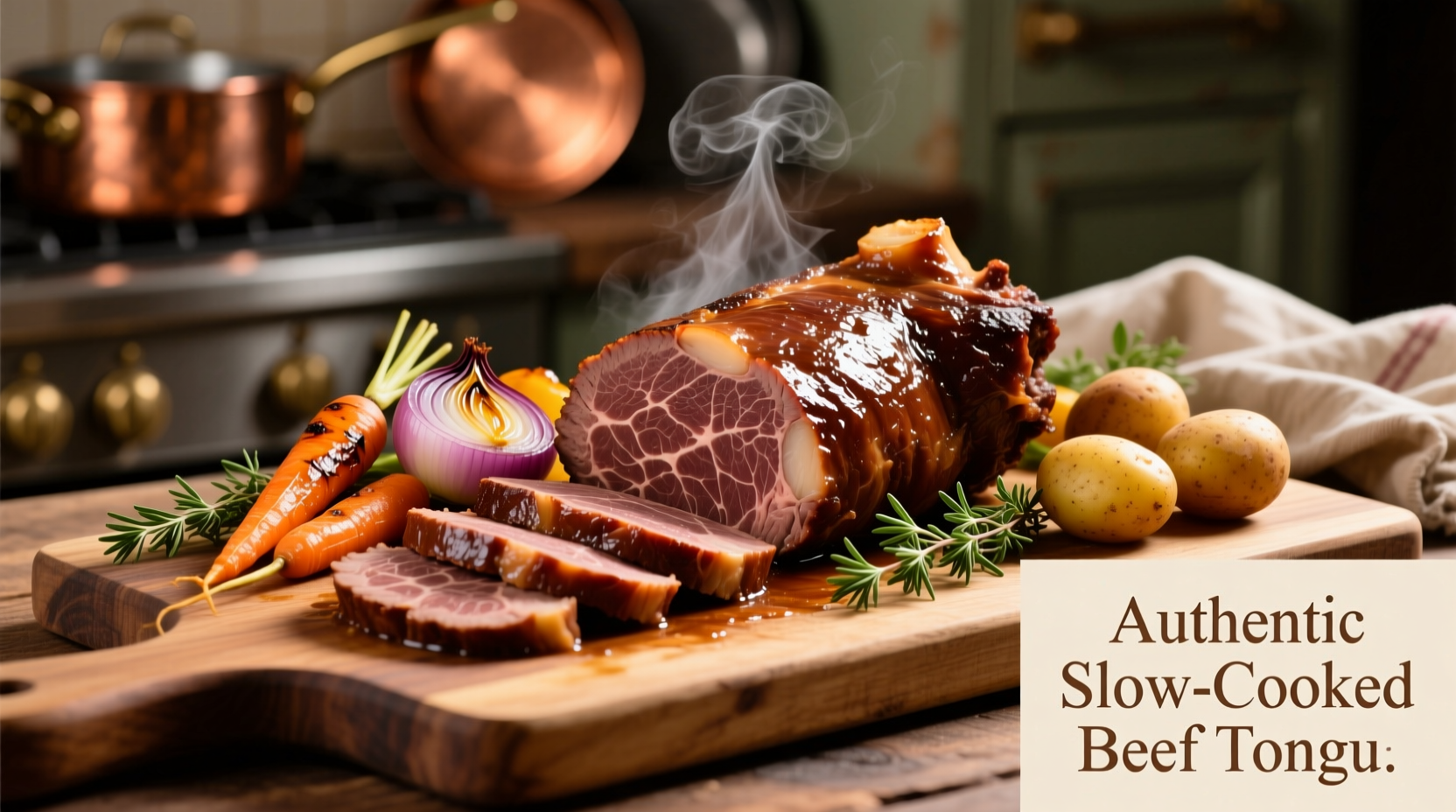 Perfectly cooked beef tongue with aromatic vegetables