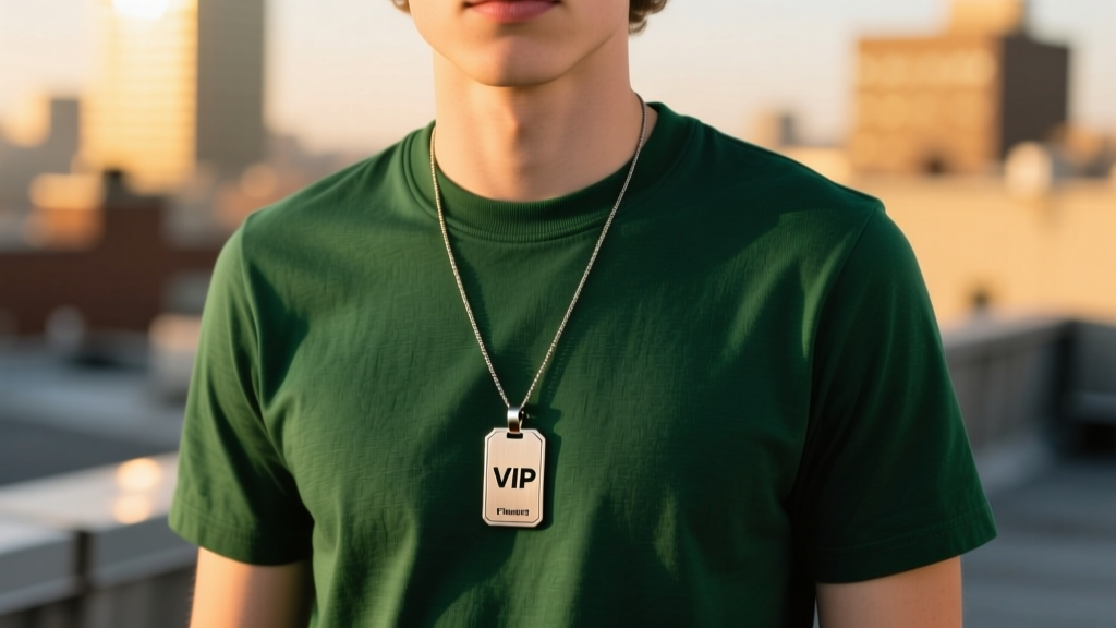 A gamer wearing a titanium VIP Ticket pendant over a dark green t-shirt, highlighting the brushed metal finish in warm light.