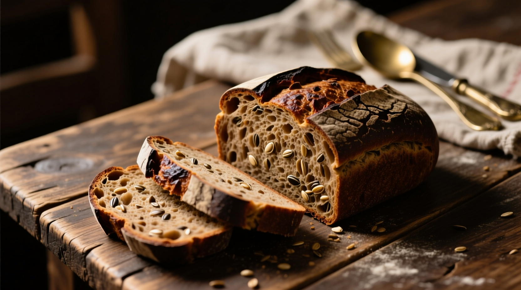 Dark sliced pumpernickel bread with visible grain texture