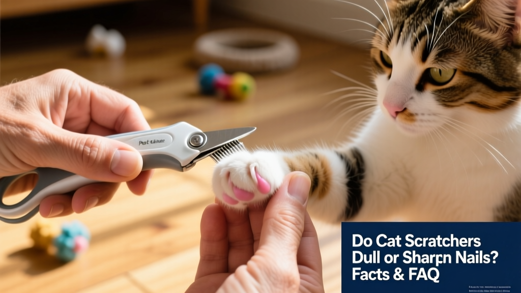 Close-up of a person gently holding a cat's paw while trimming a front claw with pet-safe clippers