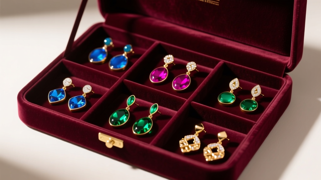 Velvet box with separated compartments holding colorful resin and PVD-coated dangle earrings under soft warm studio lighting.