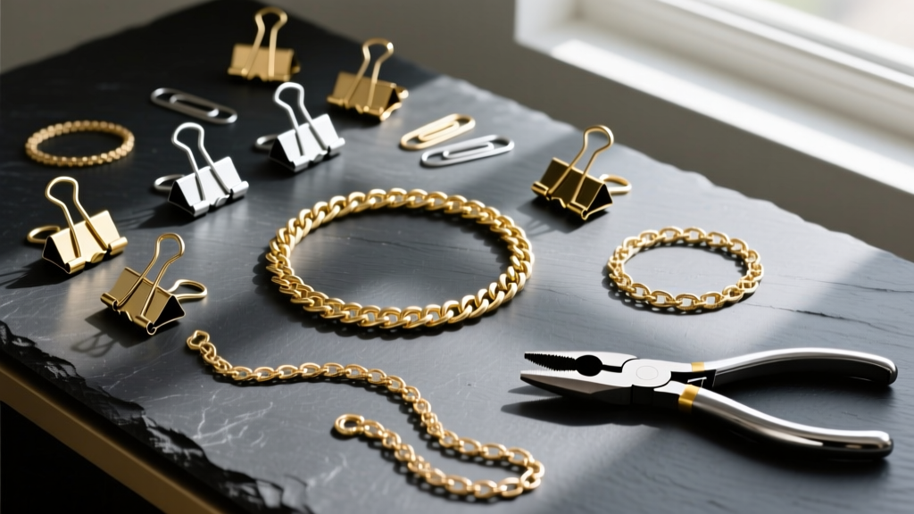 Overhead flat lay of assorted gold-filled and silver paperclip, curb, and figaro chains on a dark slate workspace with pliers.