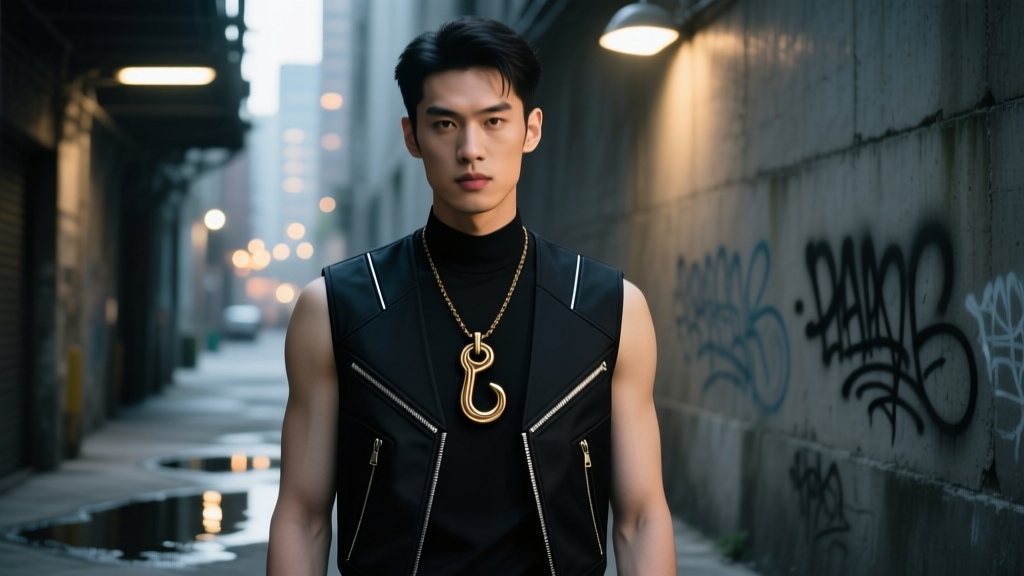Male model wearing an antiqued brass hook necklace layered over a black techwear vest in a dimly lit urban streetwear setting.