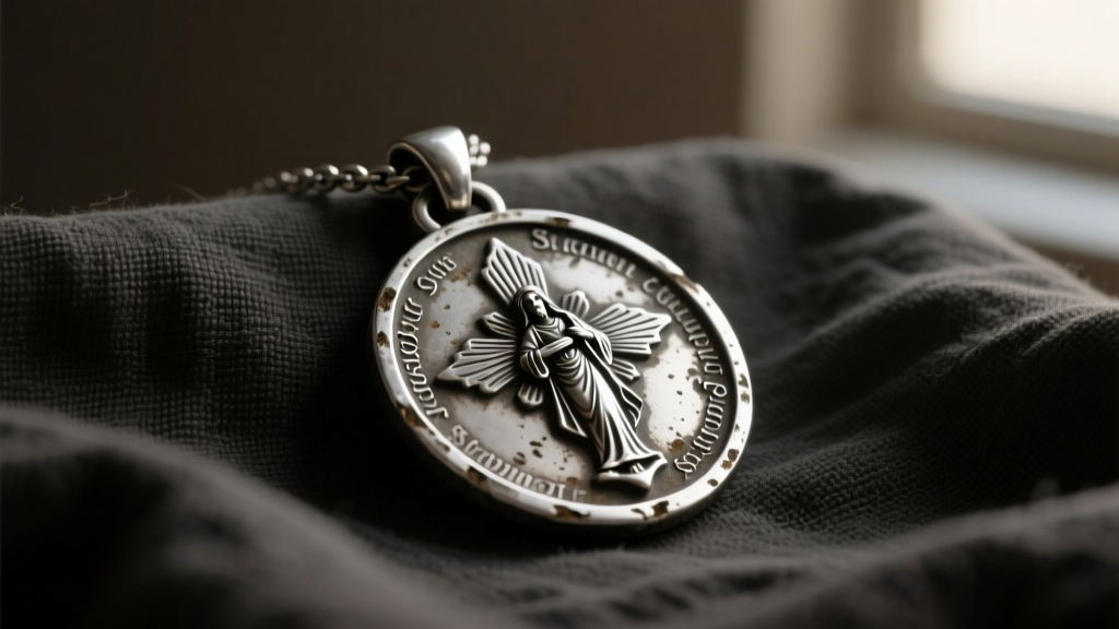 Close-up of a vintage-inspired oxidized sterling silver St. Christopher medal pendant resting on dark linen fabric, moody lighting