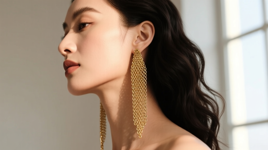 Side profile of a woman wearing long gold chainmail drop earrings, showing the flexible metal mesh draping against her jawline.