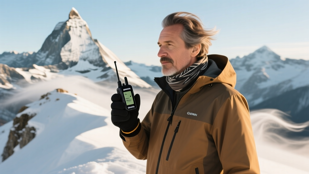 Hiker holding a Garmin inReach Mini 2 satellite communicator against rugged snow-capped mountain peaks while wearing insulated gloves