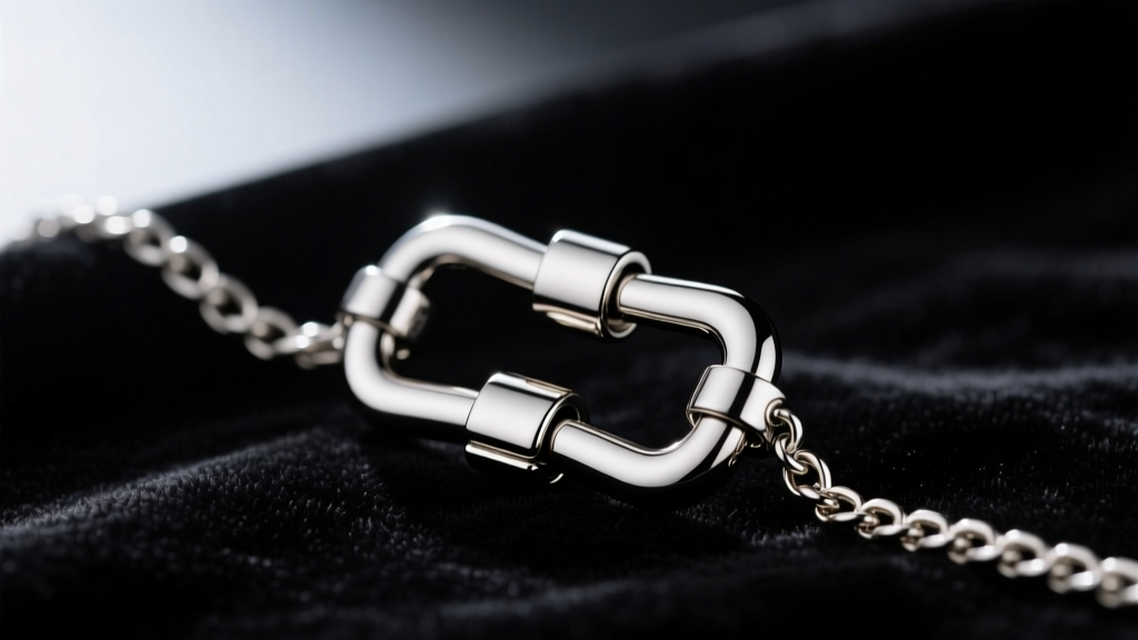 Macro shot of polished titanium lobster clasp attached to delicate box chain resting on a dark velvet cloth background in studio