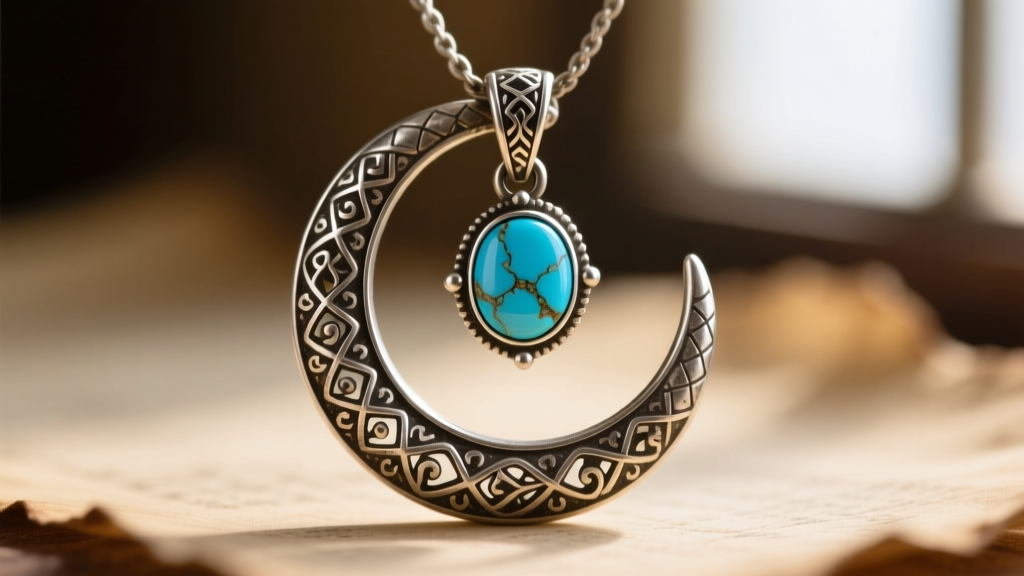 Macro photography of an antique silver naja crescent pendant featuring a single bezel-set blue turquoise cabochon at the center