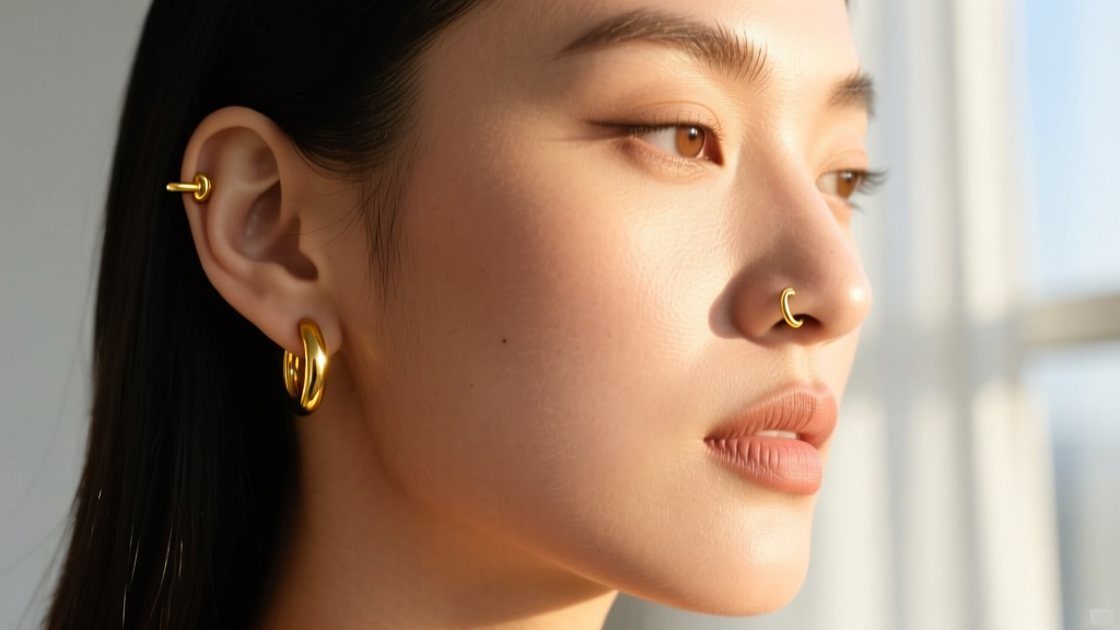 Profile of a woman wearing a 16-gauge 18k yellow gold threadless huggie hoop in her upper cartilage under warm, natural sunlight.
