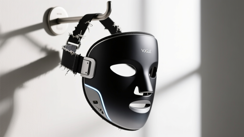 CurrentBody LED mask hanging on a hook with visible micro-tears near the velcro strap attachment points from daily stretching.
