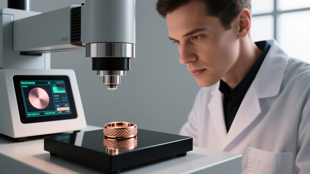 Jeweler using an X-ray fluorescence spectrometer to measure the exact micron thickness of a rose gold PVD coating on a steel ring.