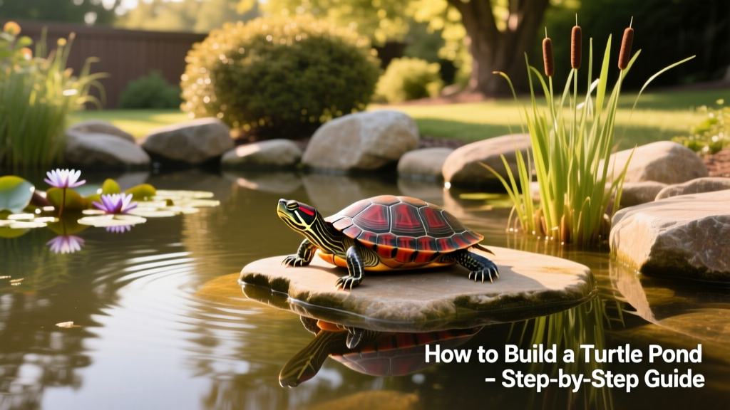 A natural-looking backyard turtle pond with rocks, plants, and basking area