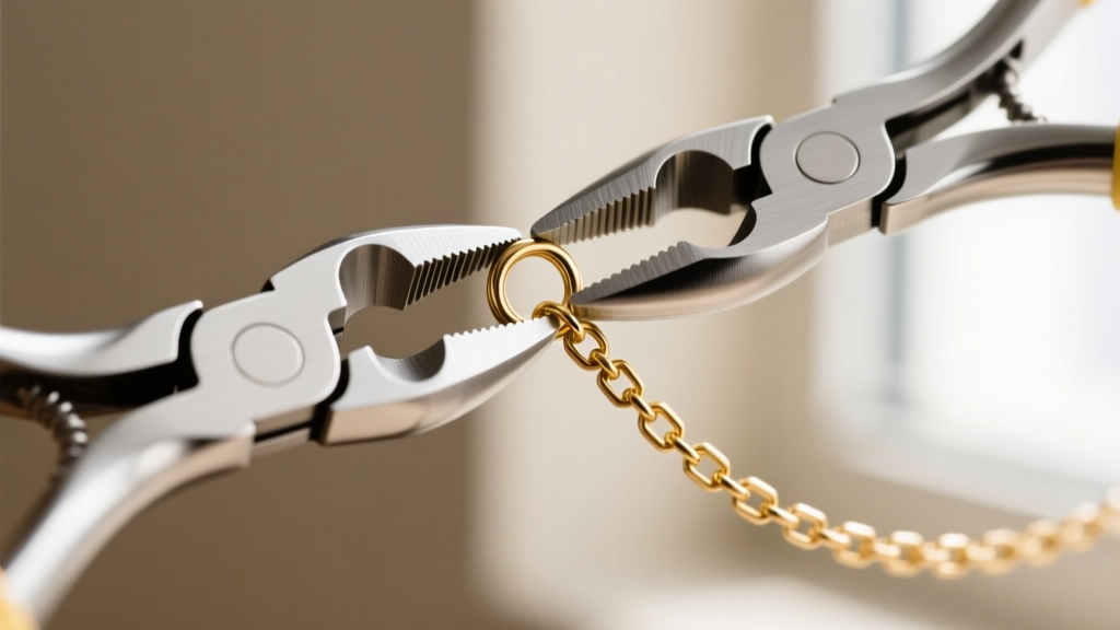 Macro shot of jewelry pliers closing a 4mm jump ring on a delicate gold box chain, sharp focus on the metal connection point.