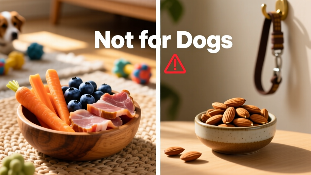 A side-by-side comparison: healthy dog treats (carrot sticks, blueberries, lean meat) next to a small bowl of almonds labeled 'Not for dogs'