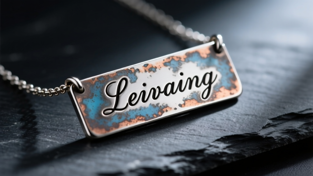 Close-up of a tarnished sterling silver name plate necklace on dark slate, showing dark oxidation in delicate script lettering