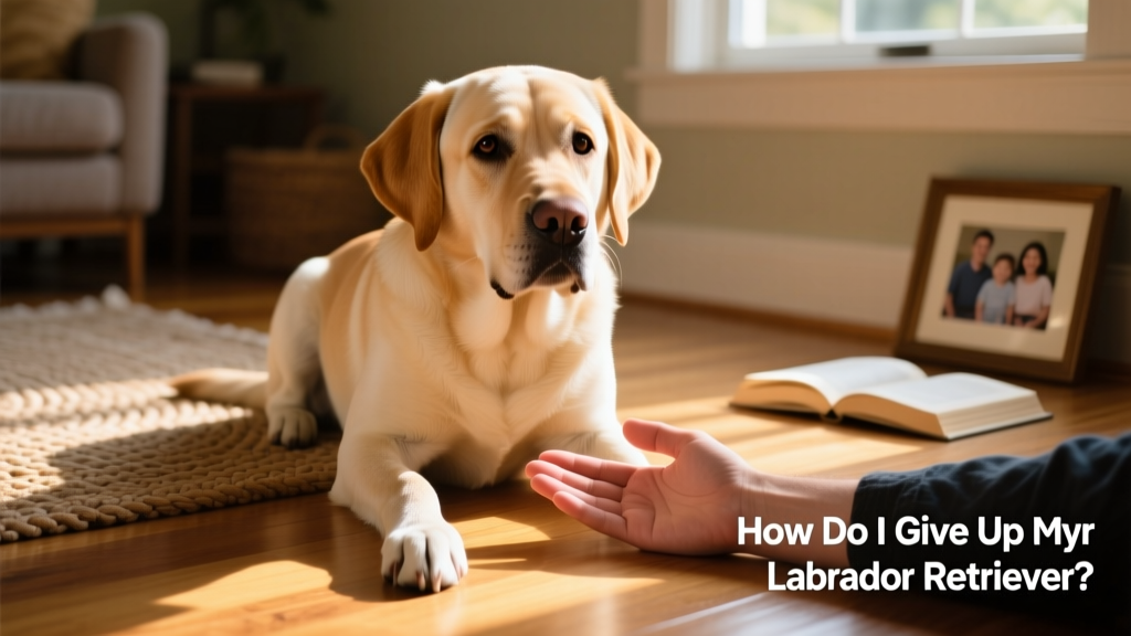 A calm, friendly Labrador Retriever sitting beside a person's hand resting on a sunlit floor