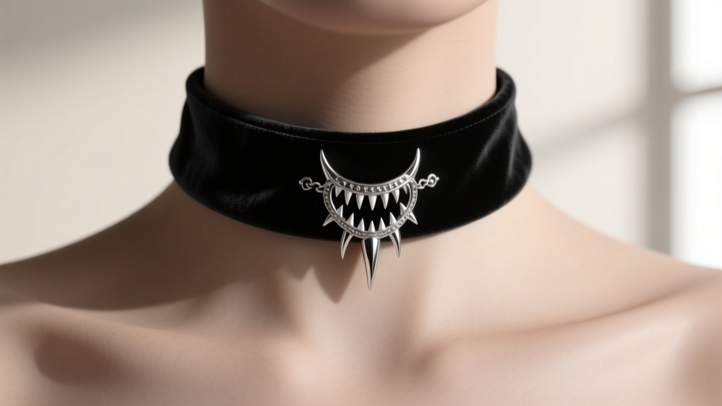 Black velvet biting necklace choker with silver fang charms piercing the fabric, resting on a pale collarbone in moody lighting