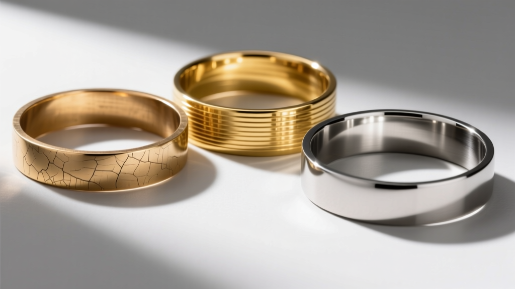 Macro shot comparing brass, gold-filled, and stainless steel bracelet blanks, highlighting surface grain and reflectivity