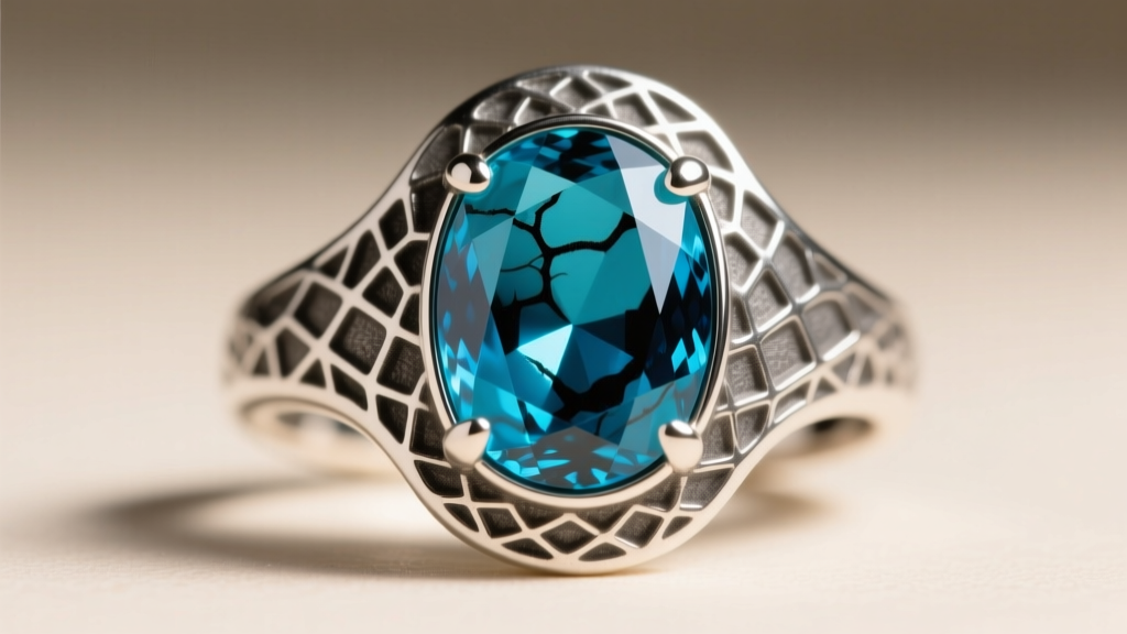 Macro shot of stabilized blue turquoise cabochon set in a deeply stamped 925 silver bezel, highlighting the dark matrix webbing.