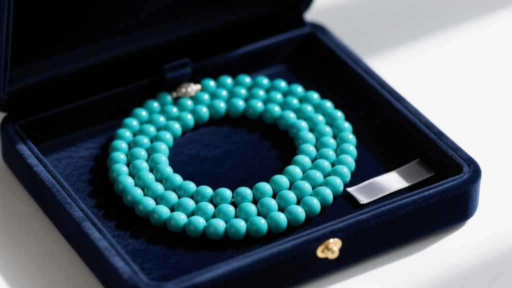 Coiled turquoise seed bead necklace resting inside a lined dark velvet jewelry box with a small anti-tarnish strip visible nearby.