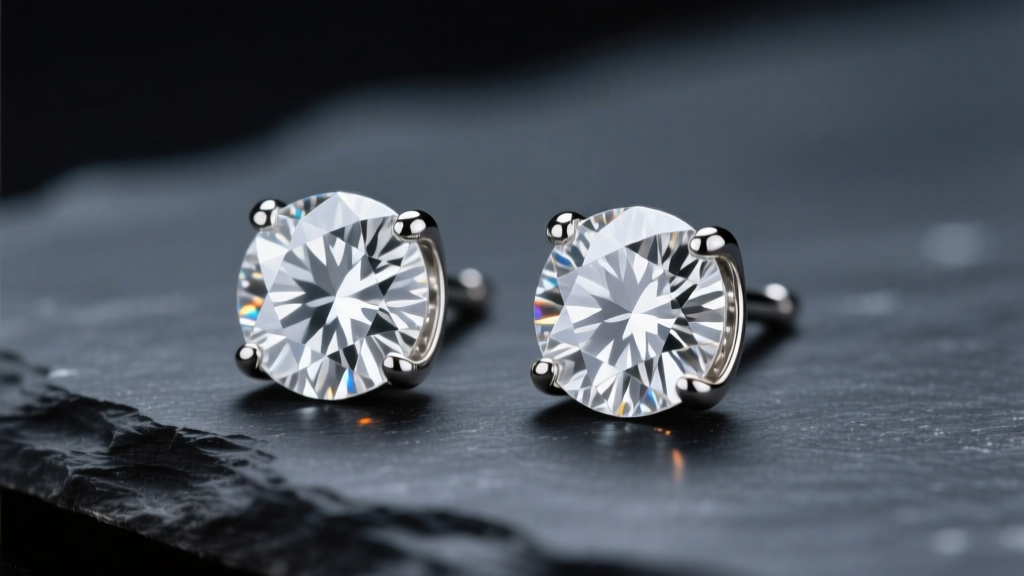Macro shot of 5 carat total weight diamond studs in platinum basket settings resting on dark slate under soft studio lighting