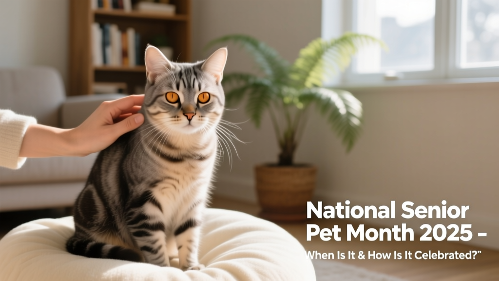 A gentle hand brushing a gray-muzzled tabby cat sitting on a cozy cushion