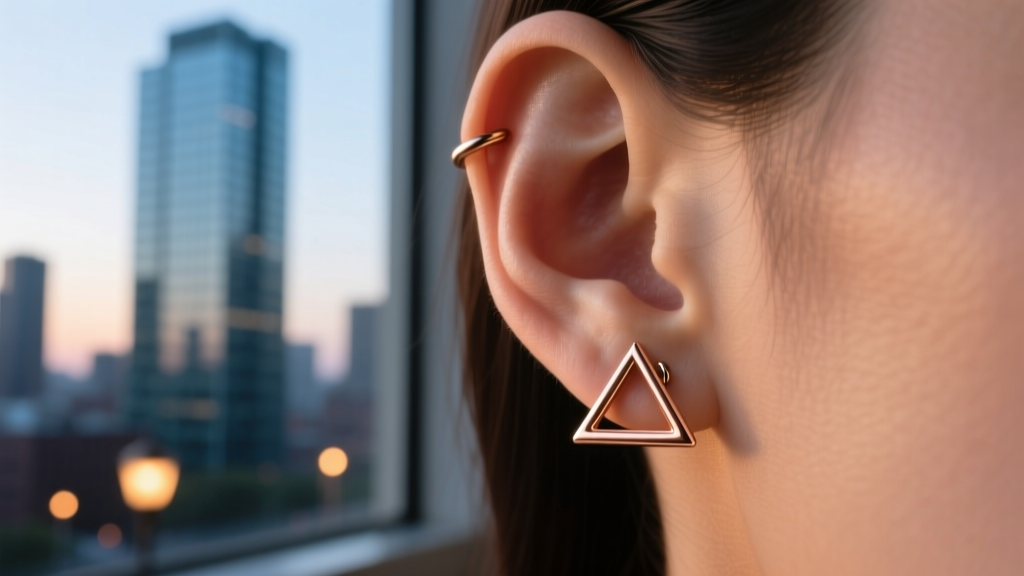 Side profile showing a 16-gauge rose gold triangle huggie on a helix cartilage piercing against a softly blurred urban background.