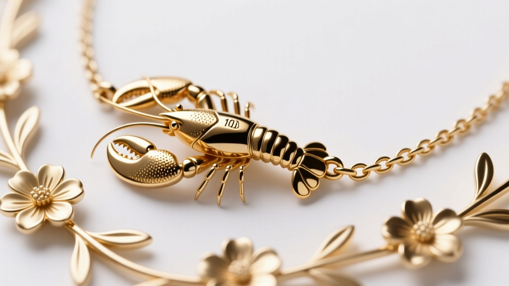Macro shot of a brass lobster clasp and extender chain on a floral necklace, showing gold plating texture and a tiny brand stamp.