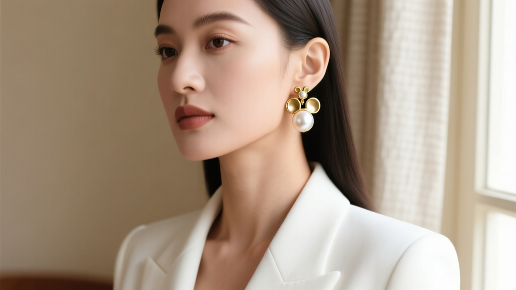 Close up of a woman wearing subtle gold Minnie Mouse pearl drop earrings paired with a white blazer in soft natural light