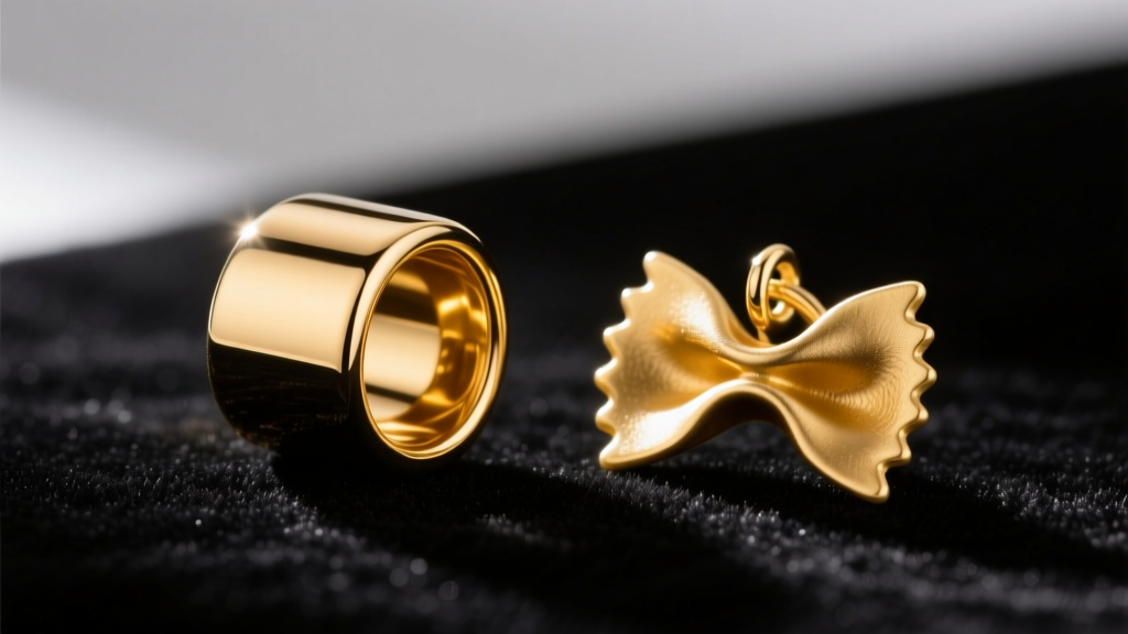 Macro shot comparing a hollow 14k gold tube bead and a solid cast gold pasta charm side-by-side on a dark velvet jeweler's tray.
