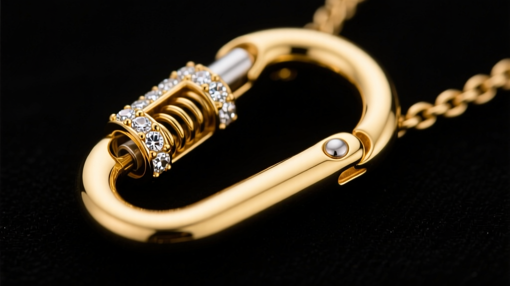 Macro shot of a 14k solid gold carabiner necklace clip with diamond-pave latch, revealing the internal spring mechanism clearly