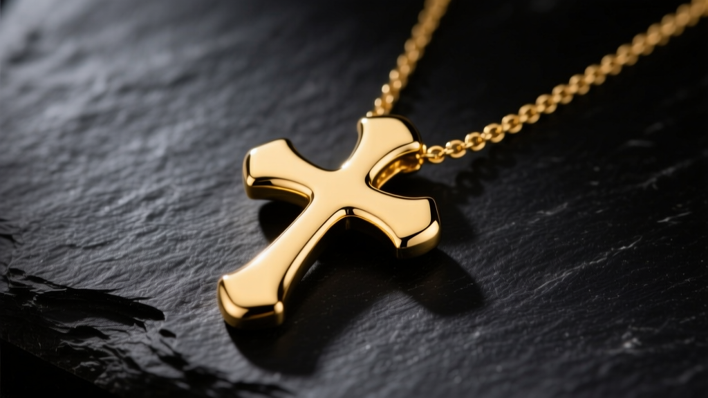 Close-up of a polished 14k yellow gold women cross necklace on dark slate, illuminated by soft directional studio lighting.