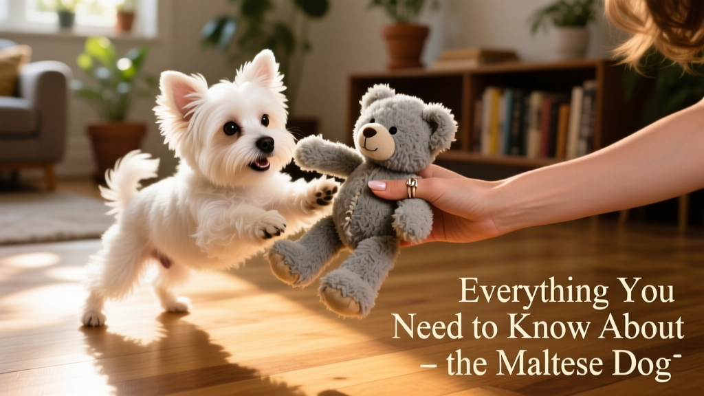 A cute, playful Maltese dog and a woman's hand playing tug-of-war with a grey teddy bear