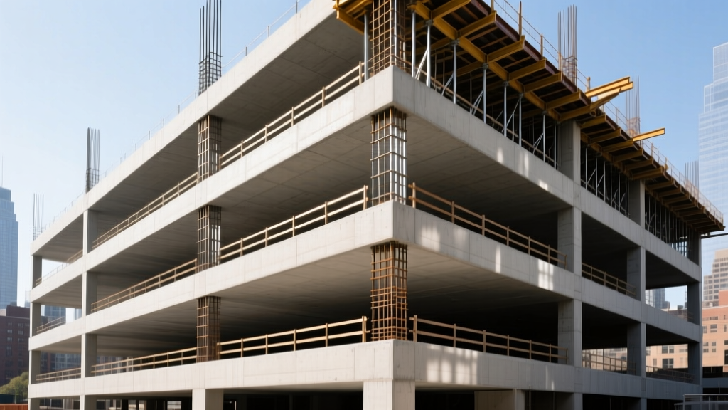 Multi-level post-tensioned concrete parking deck under construction with exposed epoxy-coated rebar and heavy-duty formwork in an urban setting