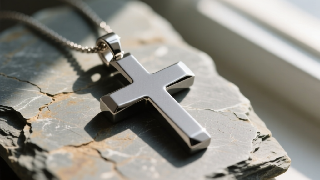 Macro shot of a titanium cross pendant on slate, showing its matte grey finish and crisp beveled edges in soft natural lighting.