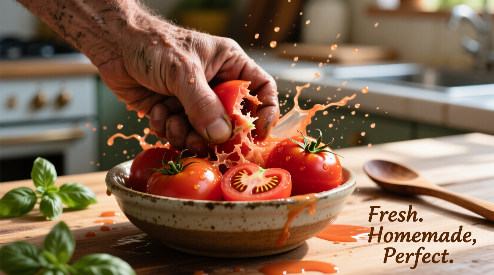 Hand crushing tomatoes for fresh pizza sauce