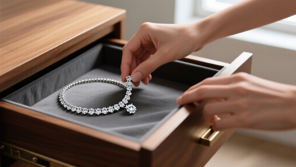 Hands placing a diamond necklace into a deep drawer lined with charcoal-gray Pacific Silvercloth anti-tarnish fabric.